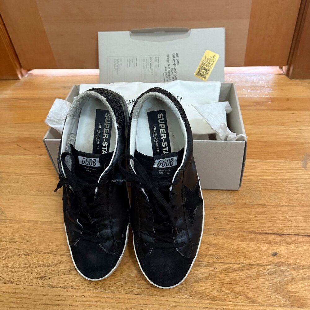 Golden Goose Super-Star Black Leather w/Suede Star and Glitter Heel Tab Size 41